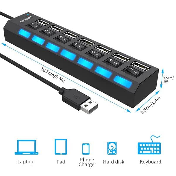 7 Port Data Hub USB 3.0 with Individual On/Off Switch and LED Lights 0
