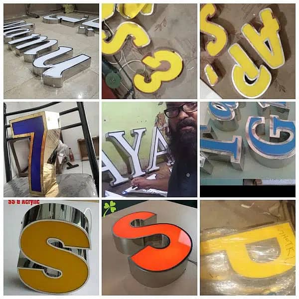 signboard Logo Alphabet letters brass, steel, acrylic, backlight 3D 9