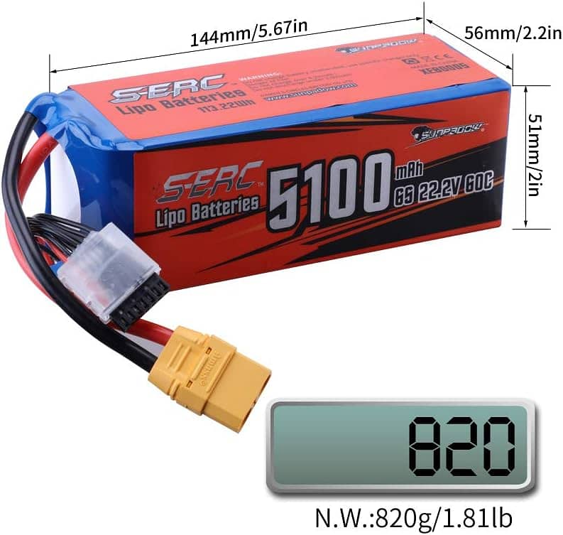 SUNPADOW 6S RC Lipo Battery 22.2V 60C 5100mAh for Drones rc planes 1