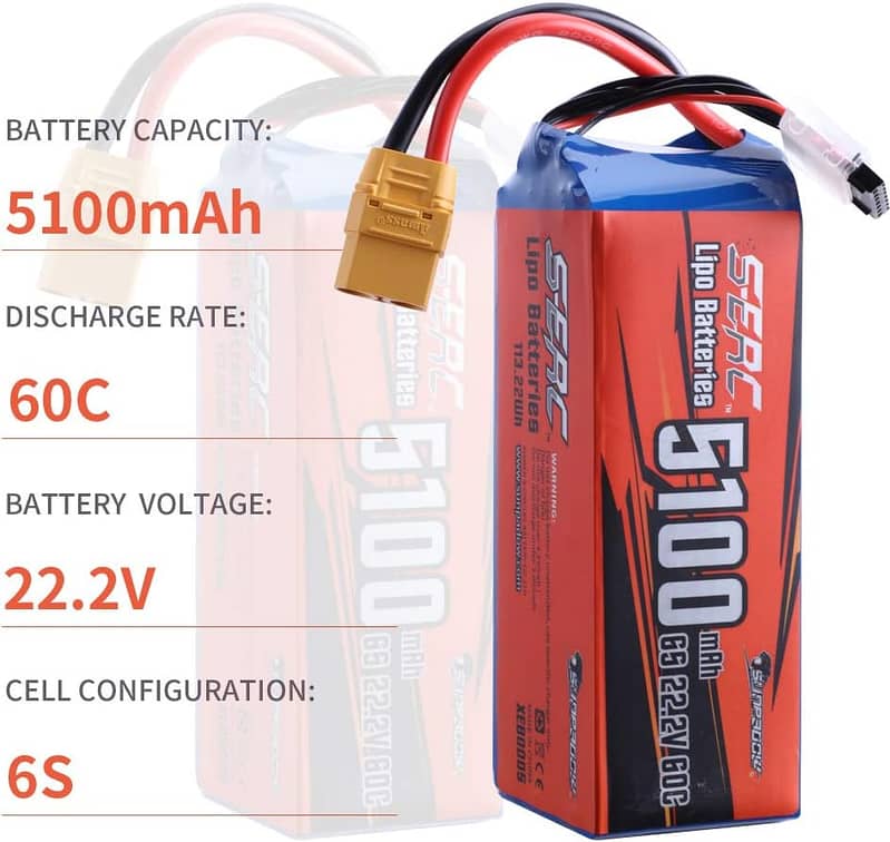 SUNPADOW 6S RC Lipo Battery 22.2V 60C 5100mAh for Drones rc planes 4