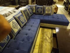 L shape corner sofa / six seater sofa in velvet and jute fabric