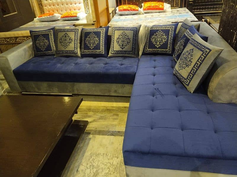 L shape corner sofa / six seater sofa in velvet and jute fabric 2