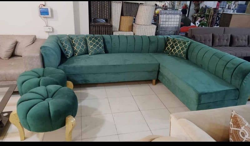 L shape corner sofa / six seater sofa in velvet and jute fabric 3