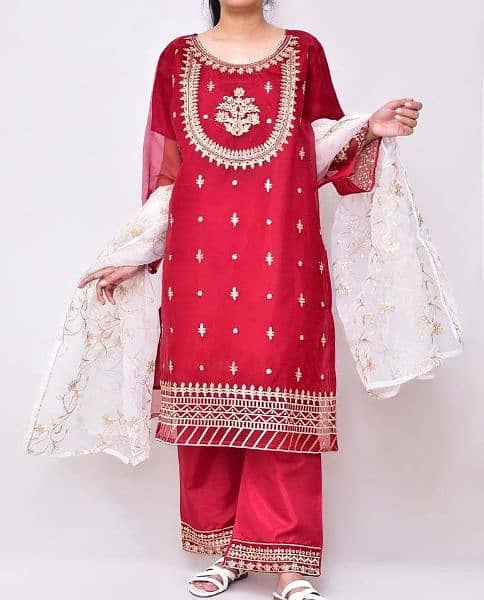 3 pcs Women's stitched Organza Embroidered suit. 1