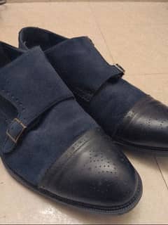 Formal double monk strap navy blue suede pure leather shoes