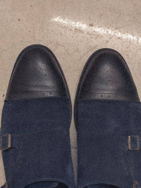Formal double monk strap navy blue suede pure leather shoes 1