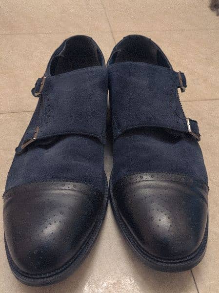Formal double monk strap navy blue suede pure leather shoes 2