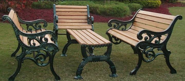 Outdoor Benches, Cemented wood green earth, wrought iron Park Bench 1