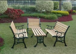 Outdoor Benches, Cemented wood green earth, wrought iron Park Bench
