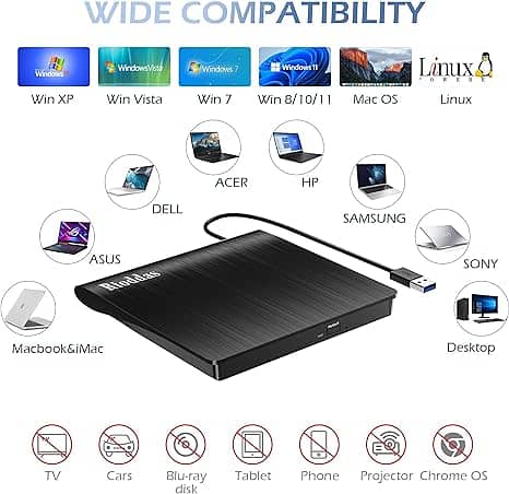 External CD/DVD Drive for Laptop USB 3.0 Portable CD/DVD Player CD DVD 3