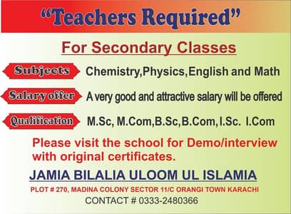 Teachers Required for class matric