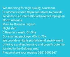 We are hiring for customer service agent