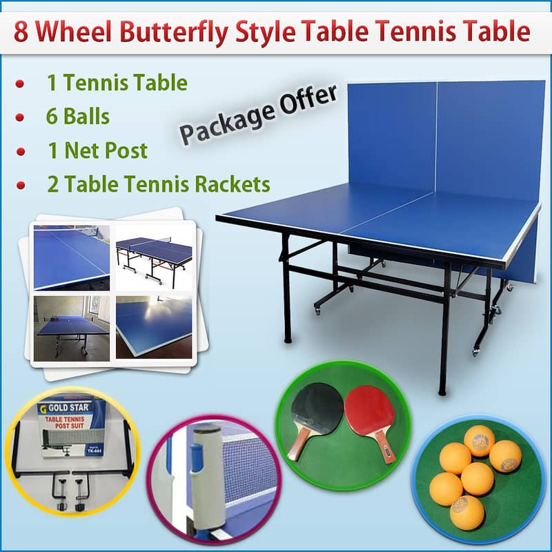 TABLE TENNIS TABLE 8WHEELS BUTTERFLY STYLE COMPLET EQUIPMENT 0