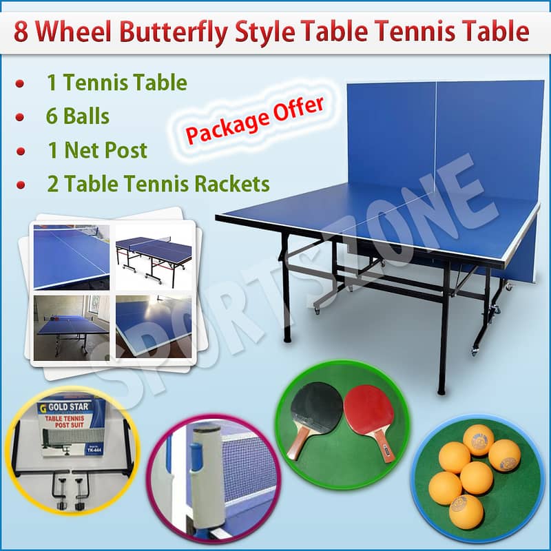 TABLE TENNIS TABLE 8WHEELS BUTTERFLY STYLE COMPLET EQUIPMENT 1