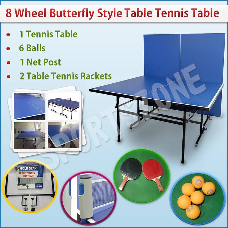 TABLE TENNIS TABLE 8WHEELS BUTTERFLY STYLE COMPLET EQUIPMENT 2