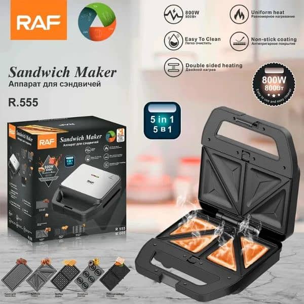 RAF 5 IN 1 SANDWICH WAFFLE PANINI GRILL TOASTER DONUT COOKIE MAKER 0