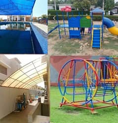 play ground swings and roof parking shade. 0