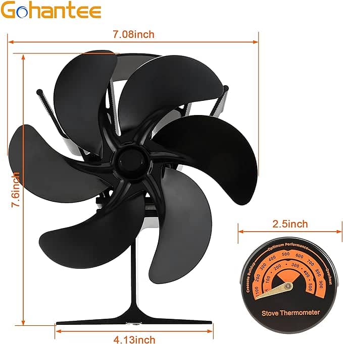 Stove Fan Heat Powered with Thermometer 6-Blades Fireplace fan 1