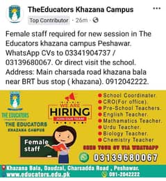 female staff required  in The Educators khazana campus