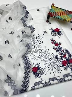2 Pcs Women's Unstitched Khaddi Net Embroidered Suit 0