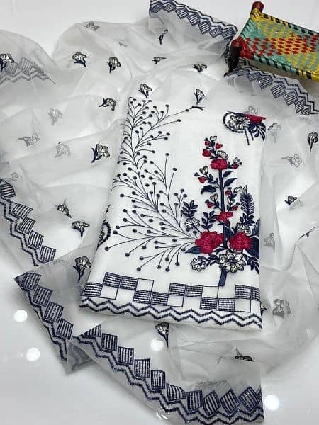 2 Pcs Women's Unstitched Khaddi Net Embroidered Suit 1
