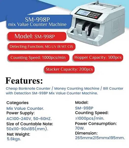 Cash Counting Machine, Packet counter Mix note Counter Pakistan 9