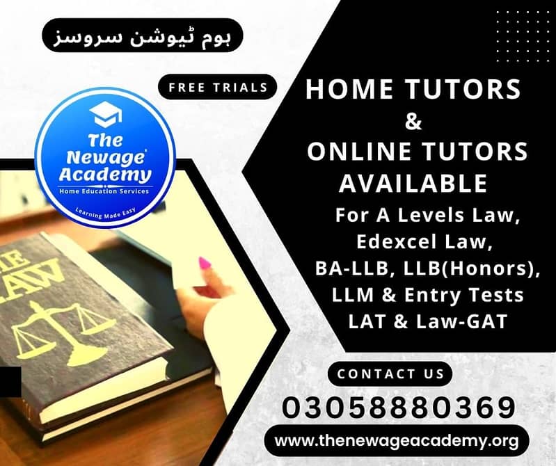 Home Tutors for A Levels Law, Law-GAT, LLB, LLM, Available 1