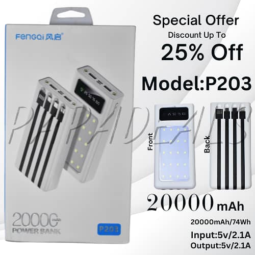 Power bank Fengqi 20000mAh 4 Built-in Cables, Dual Output Type-C/USB, 0