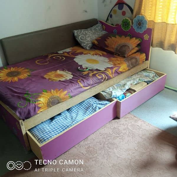 Bed with draws mattress, Three door cupboard, study table with cabinet 6