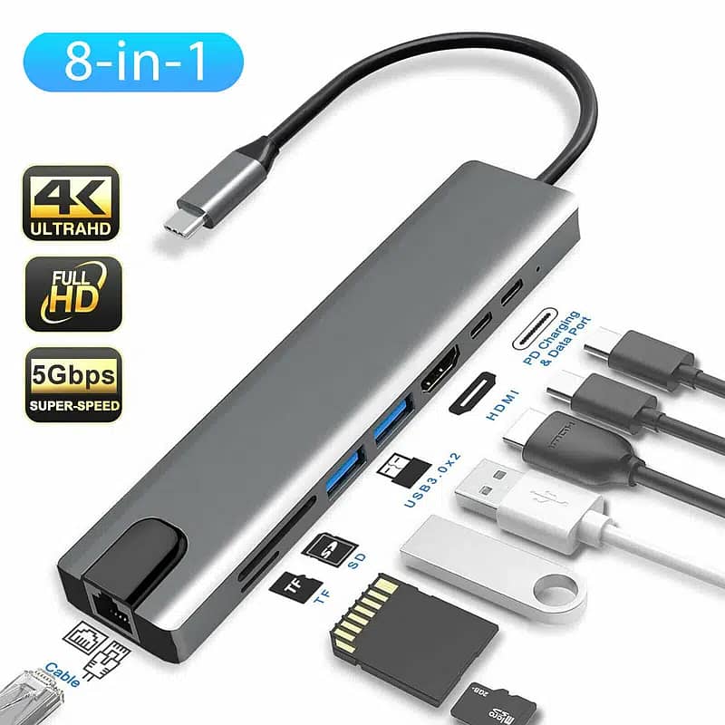 8 in 1 Multi-Port Type C to USB C 4K HDMI Adapter USB 3.0 0