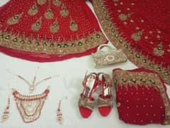 0342-5552378/Bridal Lehenga/Jewellery/Clutch/Red Heel