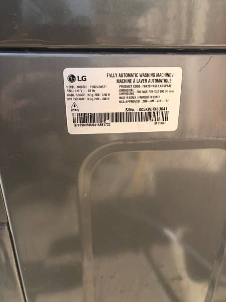 LG Dc invertor front load 16/10kg 2in onWashing machine capacity equal 5