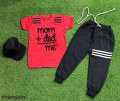 3 Pcs Boy's Stitched Cotton Printed T-Shirt, Trouser And Cap Set