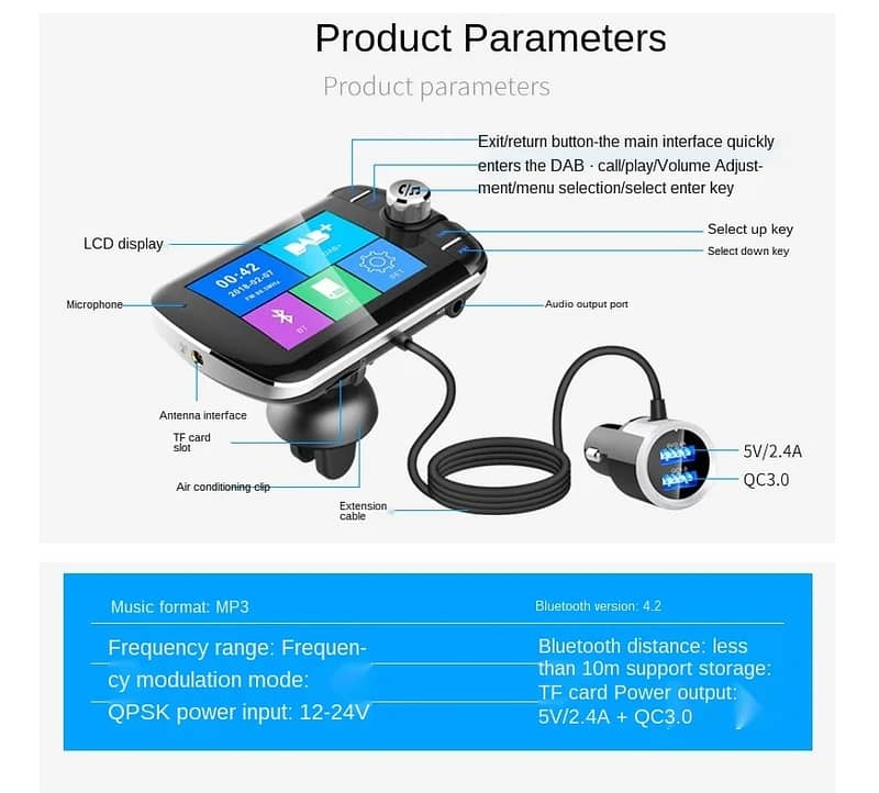 Bluetooth Fm Radio Transmitter Kit Mp3 TF Card Player QC3 Charger LCD 11