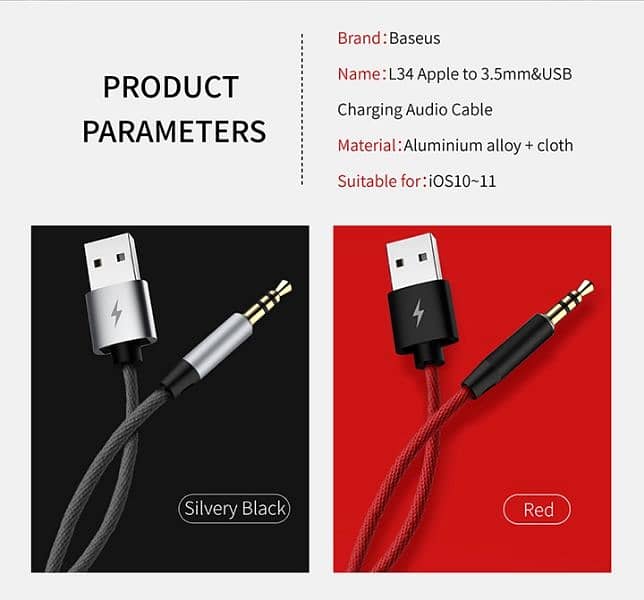 Lightning to Audio AUX 3.5mm + USB Cable Baseus L34 for iPhone/ iPad 9