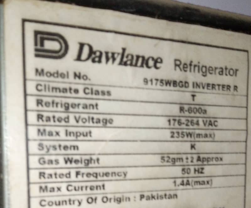 Dawlance Refrigerator Model No 9175WBGD R 2