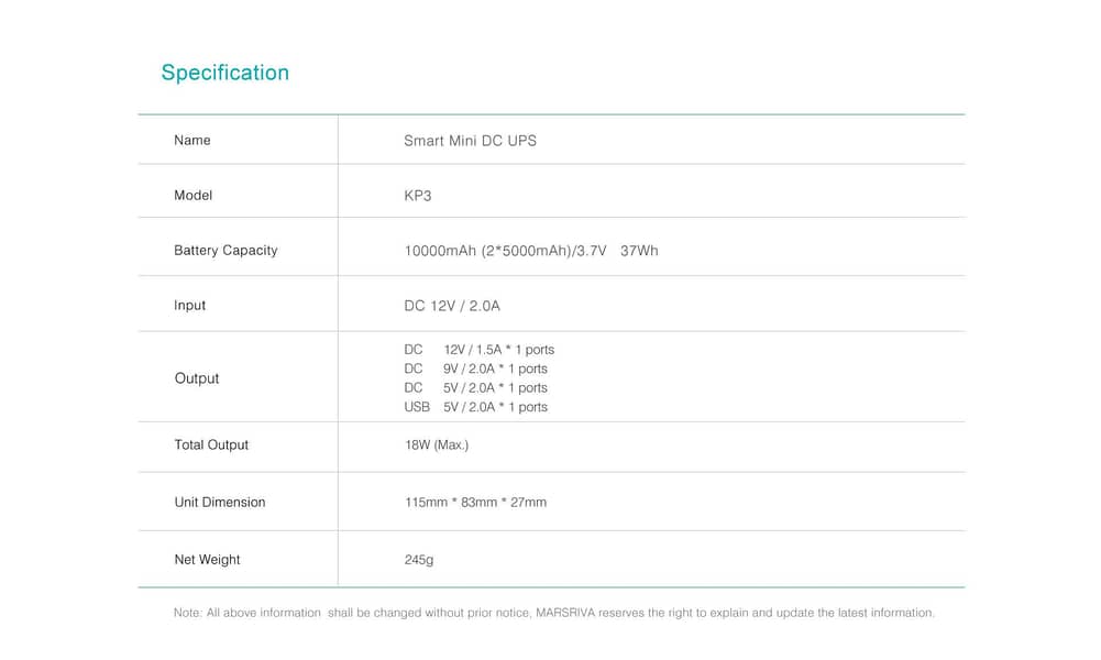 MARSRIVA KP3 10000mAh Smart Mini DC UPS 5V 9V 12V for WiFi Router 19