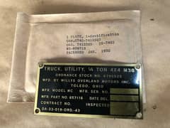 M38/ M38A1/CJ5/CJ7 Jeep Original Chassis Plate