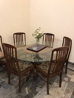 Glass top solid wood base Dinning table