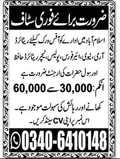 Staff Required For A New Project In Islamabad Office
