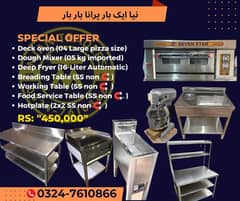 Deck oven, Dough mixer, cheese crusher, Deep fryer, breading table,