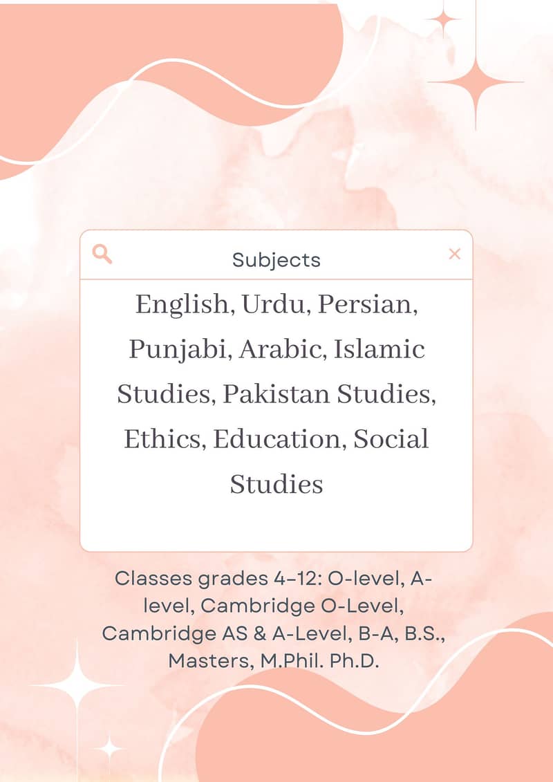 English, Urdu, Persian, Arabic, and Punjabi Teacher 8