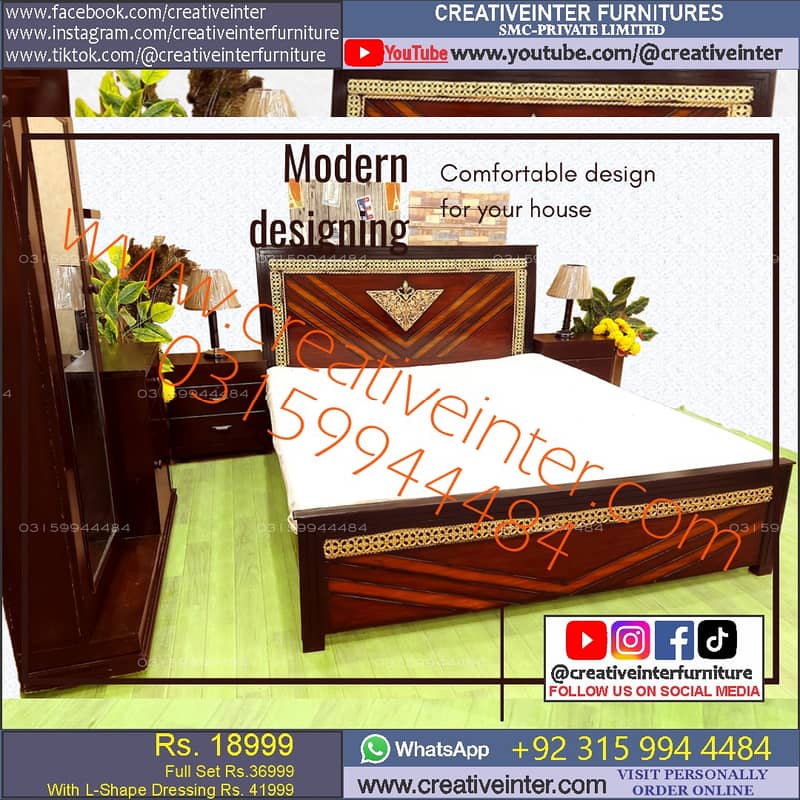single double bed wood dressing almari table sofa chair set home 7