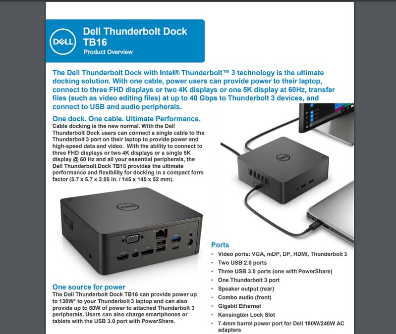 Dell Thunderbolt 3 Dock TB16 Ports: VGA, mDP, DP, HDMI, Thunderbolt3 0