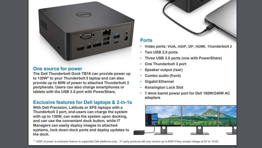 Dell Thunderbolt 3 Dock TB16 Ports: VGA, mDP, DP, HDMI, Thunderbolt3 1