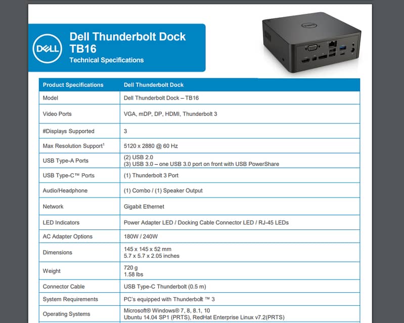 Dell Thunderbolt 3 Dock TB16 Ports: VGA, mDP, DP, HDMI, Thunderbolt3 2