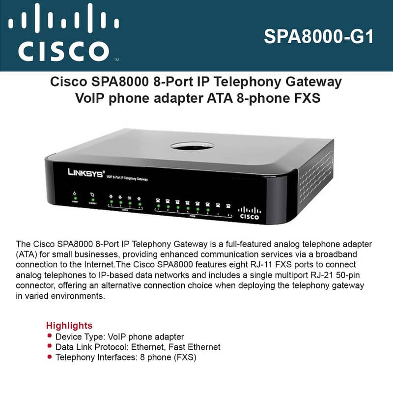 Cisco SPA8000 provides 8 FXS Ports / FXA PORT |FXS Gateway For Analog 0