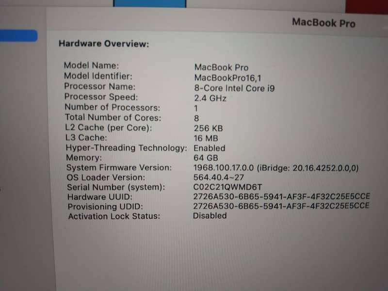 Macbook Pro 2019 core i9 9th gen 2.4 GHz 8 core 64GB RAM 8GB graphic 1
