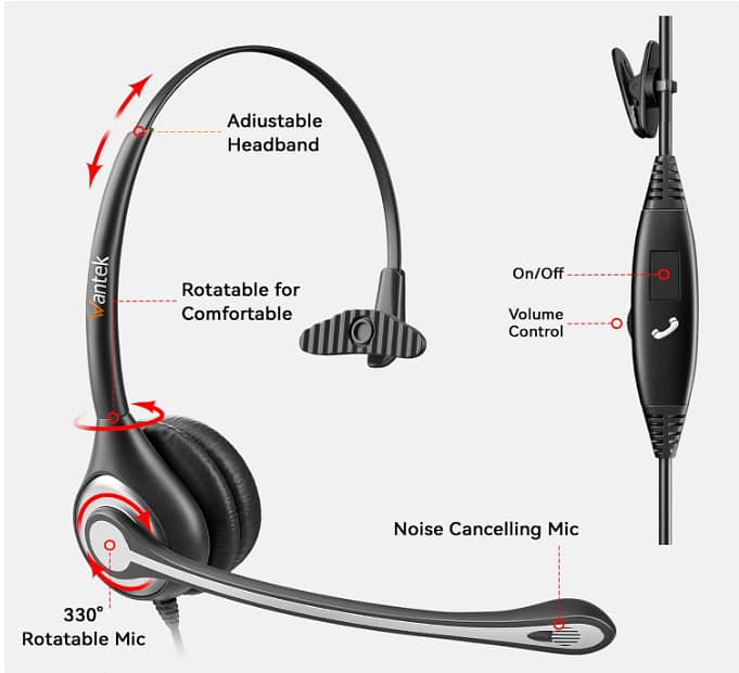 Wantek Cell Phone Headset Mono with Noise Canceling Mic, Wired Compute 2