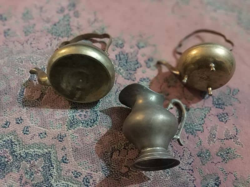 2 Antique tea pots and 1 water pitcher, made of brass 2